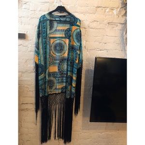 Teal Shawl With Black Tassels